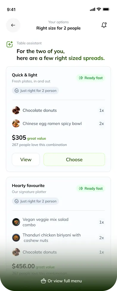 Food ordering table assistant suggesting right-sized spreads — mobile UI design