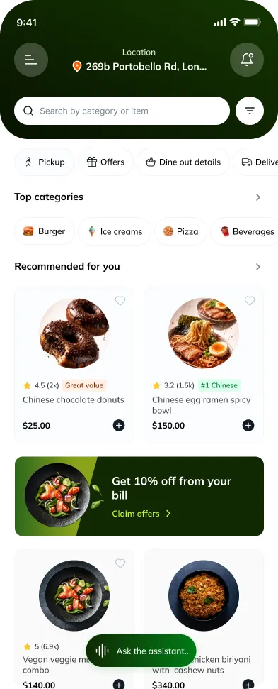 Food ordering app home with recommendations — mobile UI design