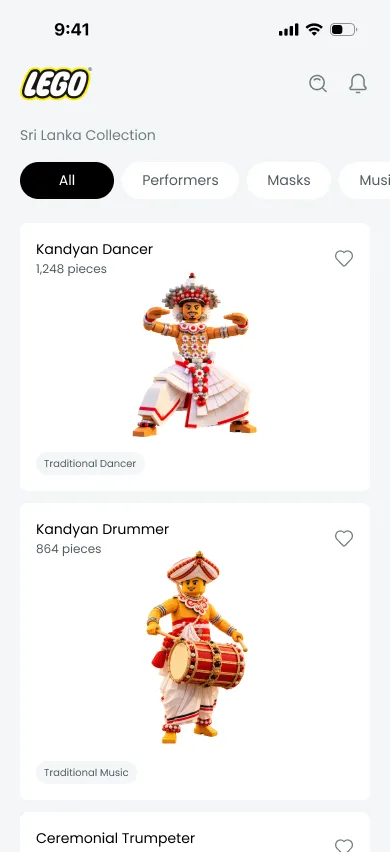 LEGO Sri Lanka collection list with category filters — concept mobile UI design