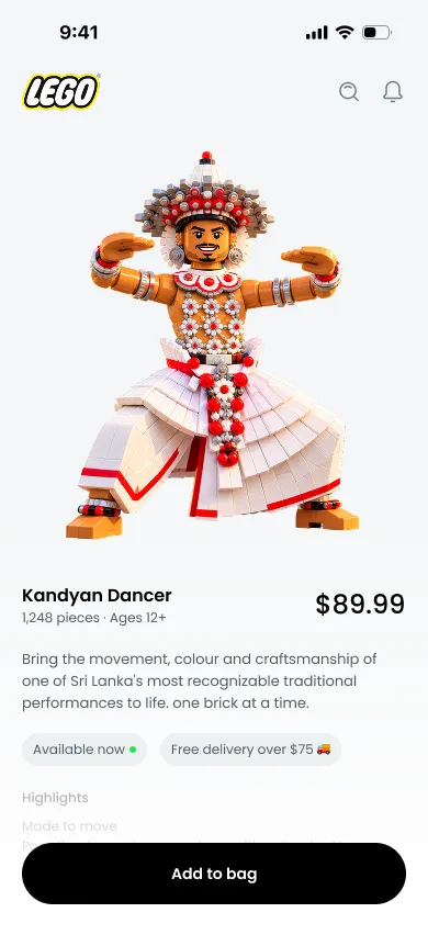 LEGO Kandyan Dancer set detail page — concept mobile UI design