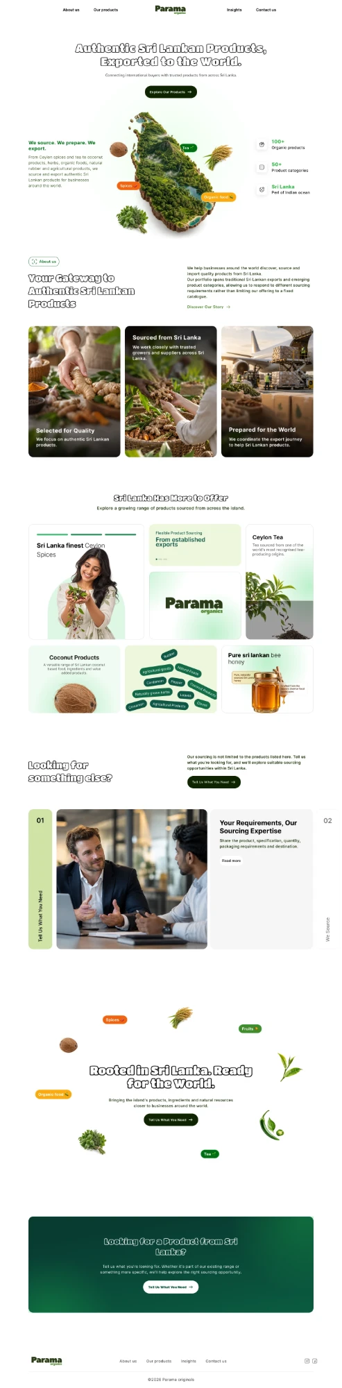Parama Organics Sri Lankan export sourcing landing page — web design
