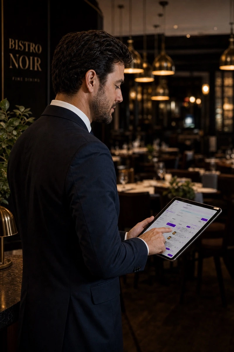 A restaurant manager working at a laptop in the dining room