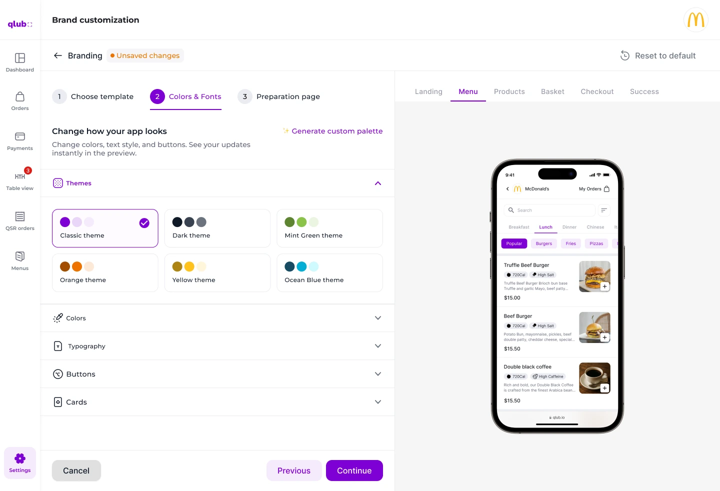 Brand customization: choosing a theme, colours, typography, buttons and cards, with a live phone preview beside them