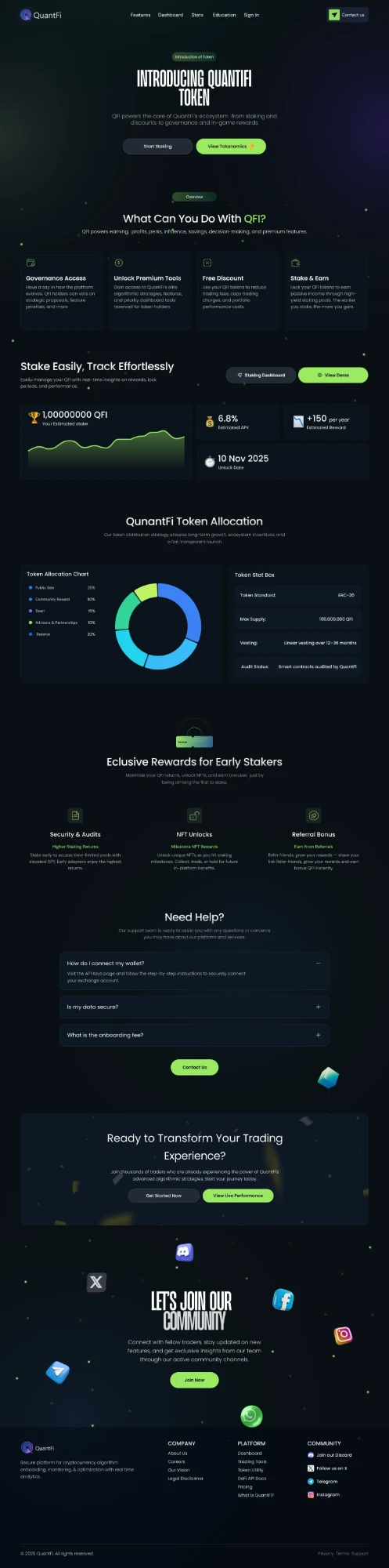 QuantFi token page with allocation chart — DeFi web design