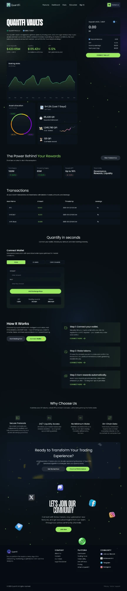 QuantFi vaults staking dashboard — DeFi web product design