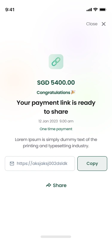 Your payment link is ready to share, with the link ready to copy