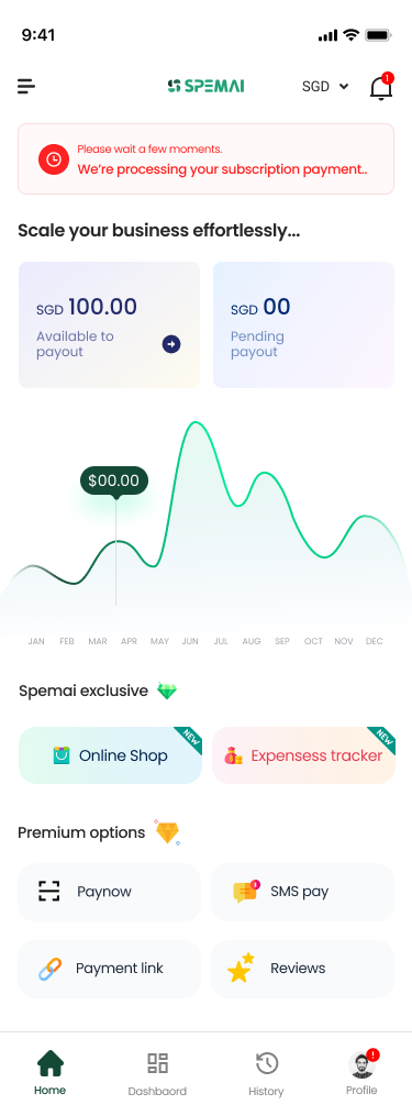 The Spemai home screen: payout balance, a growth chart, and shortcuts to the online shop and expense tracker