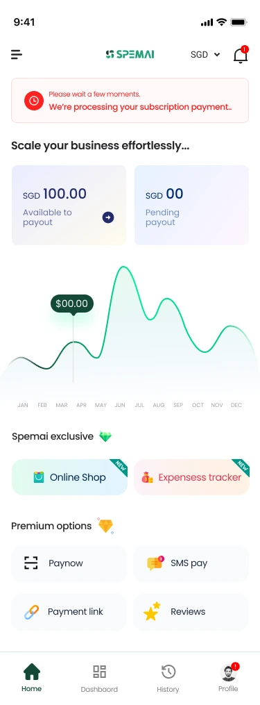 The Spemai home screen: payout balance, a growth chart, and shortcuts to the online shop and expense tracker