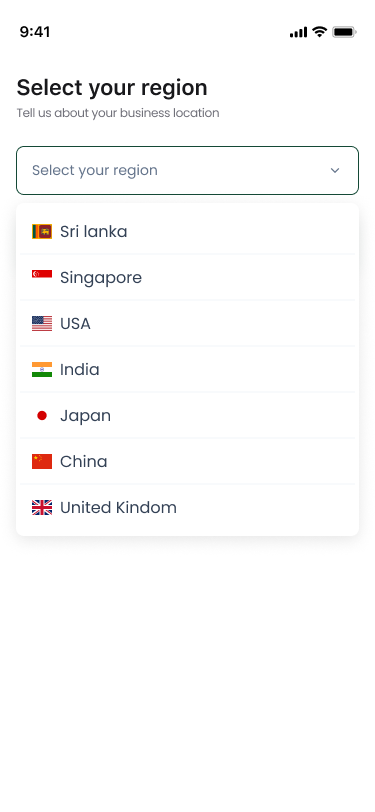 Select your region: a list of countries to tell Spemai where the business operates