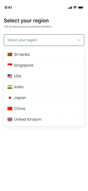 Select your region: a list of countries to tell Spemai where the business operates