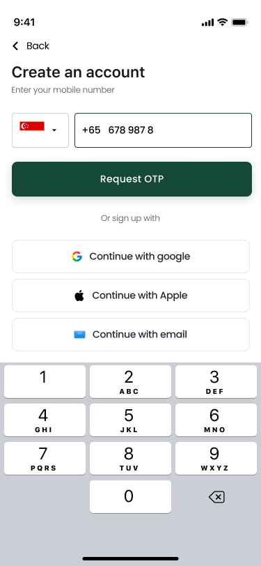 Create an account: entering a mobile number to request an OTP, or continuing with Google, Apple or email